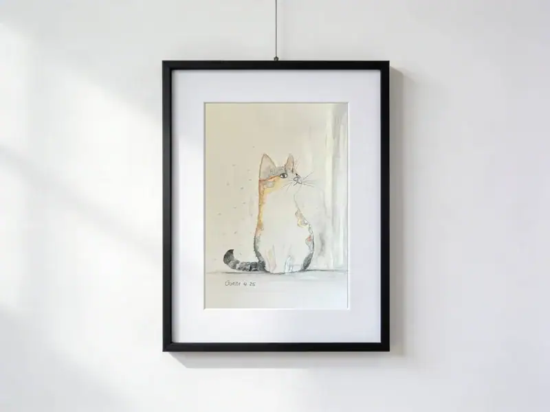White and brown calico cat on a neutral background, watercolor painting