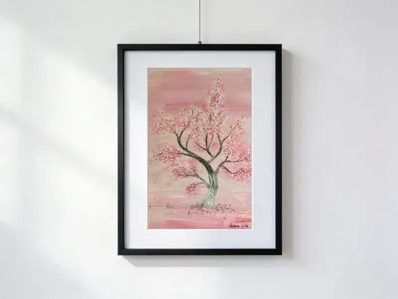 Cherry blossom with sinuous branches and pink and white petals on a gradient pink background, evoking a spring sunset sky.