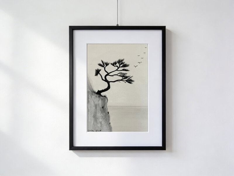 Black and white watercolor of a black tree on the edge of a cliff, curved toward the abyss and then reaching upward, with small birds flying in the wind.