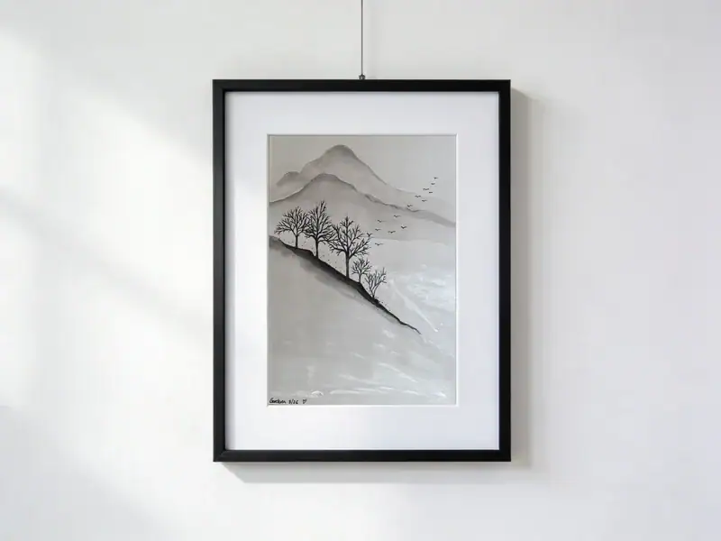 Snowy valley with bare trees in backlight, silver reflections on the snow, and mountains fading into the mist with birds in flight.