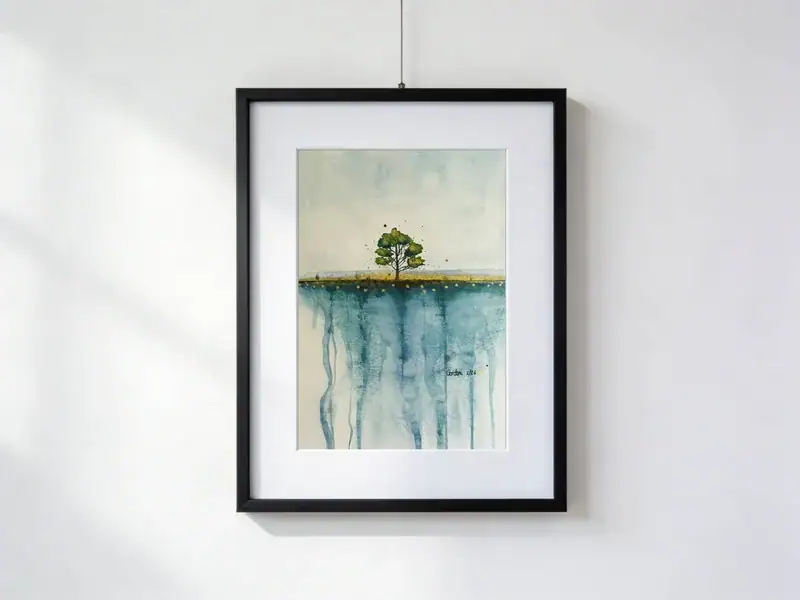 Black tree on golden cliff edge above a blue abyss, watercolor with gold touches, ink and pencil, 30×40 cm with mat