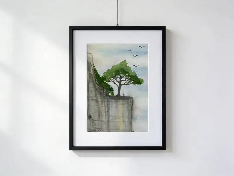 Albero verde su parete rocciosa a picco sul vuoto, uccelli nel cielo aperto, acquarello 30×40 cm con paspartout