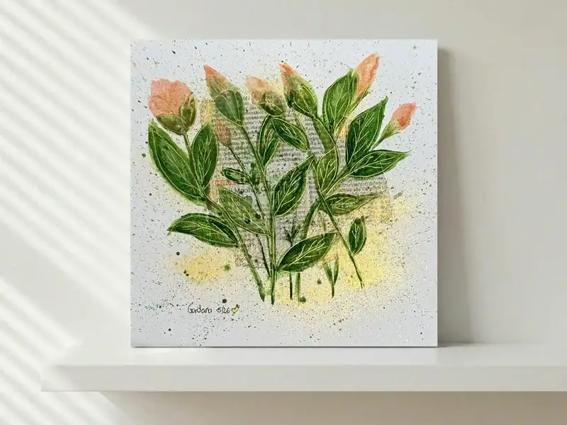Piccolo giardino astratto 14, acquarello, acrilico e china di Gordana Majic con forme ispirate a fiori e foglie su cartoncino telato rettangolare.