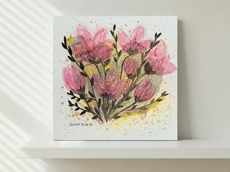 Small Abstract Garden 18, watercolor, acrylic, and ink by Gordana Majic with shapes inspired by flowers and leaves on square canvas board.