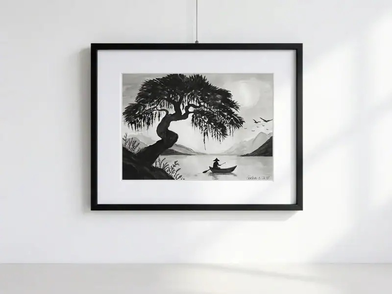 Il pescatore al tramonto sotto l’albero, acquarello e matita in bianco e nero di Gordana Majic con grande albero sulla riva, pescatore con cappello a cono in barca su lago e montagne sullo sfondo.
