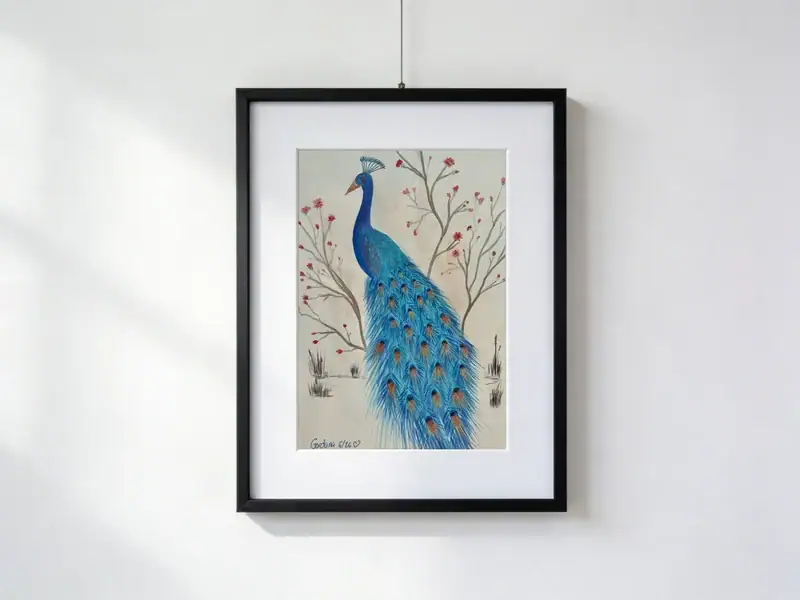 The Peacock in the Garden, watercolor, ink and pencil by Gordana Majic with deep blue peacock standing with long tail rich in ocelli, surrounded by branches with red flowers on cardstock.