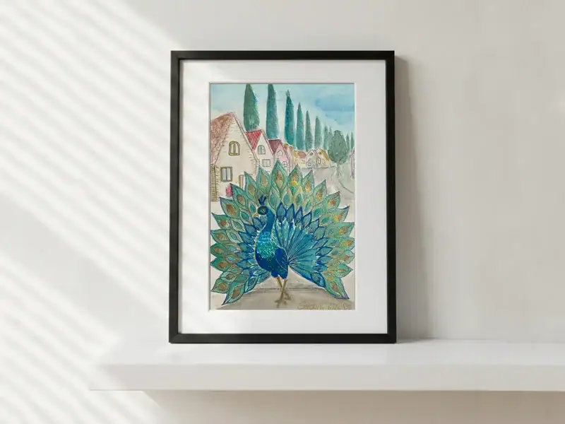 The Peacock in the Village in Slavonia, watercolor by Gordana Majic featuring a large blue peacock with an open tail in front of village houses and rows of trees in Slavonia, Croatia.