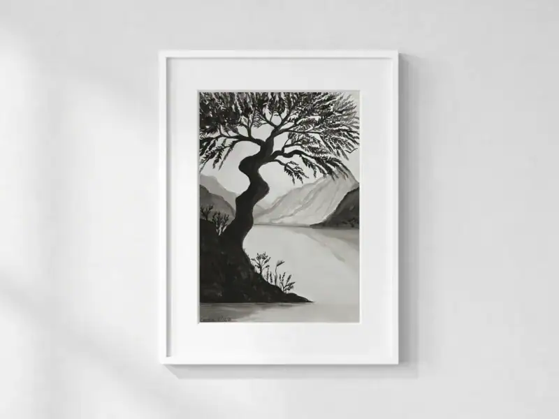 The Tree by the Lake in the Moonlight, monochromatic watercolor by Gordana Majic with large dark tree on the shore, calm lake, mountains in the background, and bright moon in the sky.
