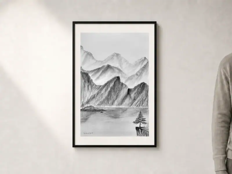 Paesaggio montano in carboncino con lago, piccola barca, alberi, uccelli e montagne nella foschia, presentato con passepartout e cornice nera; dimensioni esterne 52 × 72 cm.