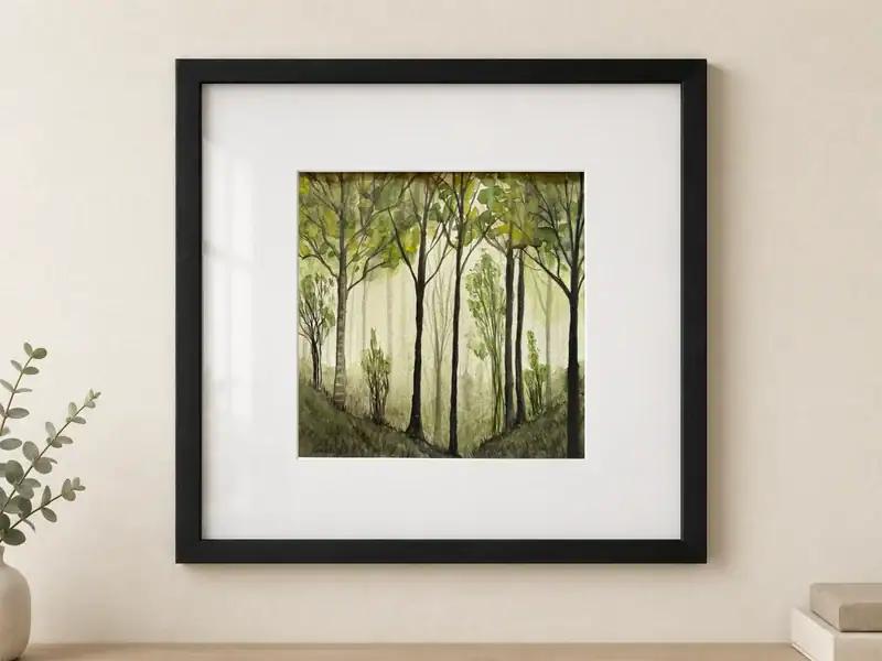 Watercolor and ink on paper depicting a forest in green and gray tones, with thin dark trunks, delicate vegetation, and light filtering through the mist; painting 29 × 29 cm, with wide white mat, protective glass, and black frame, outer dimensions 54 × 54 cm.