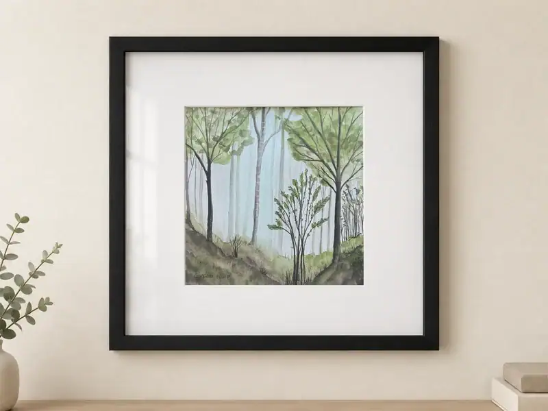 Acquarello e china su carta raffigurante un bosco dai toni verdi chiari, grigi e azzurri, con alberi alti e sottili, chiome leggere e un arbusto al centro; dipinto 29 × 29 cm, con passepartout bianco, vetro protettivo e cornice nera, dimensioni esterne 54 × 54 cm.