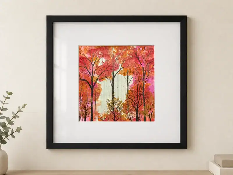 Acquarello e china su carta raffigurante un bosco dai toni rosso corallo, rosa, arancio e oro, con tronchi scuri e rami slanciati che incorniciano una radura luminosa; dipinto 29 × 29 cm, con passepartout bianco, vetro protettivo e cornice nera, dimensioni esterne 54 × 54 cm.