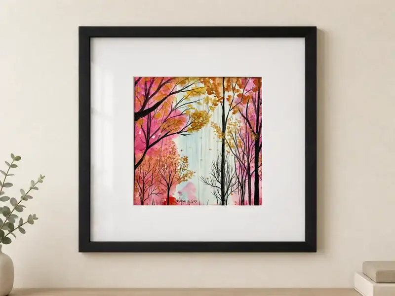 Acquarello e china su carta raffigurante un bosco dai toni rosa, fucsia e ocra dorato, con tronchi e rami scuri, foglie leggere e una radura chiara sullo sfondo; dipinto 29 × 29 cm, con passepartout bianco, vetro protettivo e cornice nera, dimensioni esterne 54 × 54 cm.