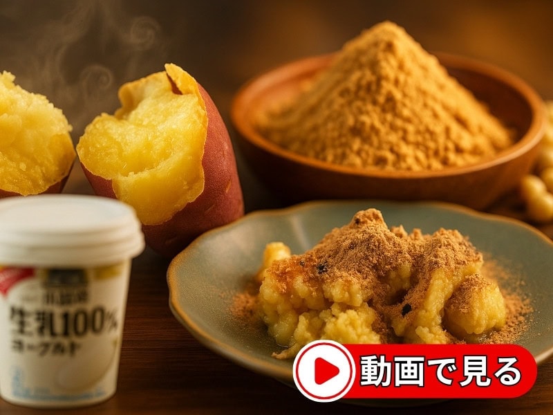 さつまいもときな粉とヨーグルト。おいしそうなスイートポテト。
