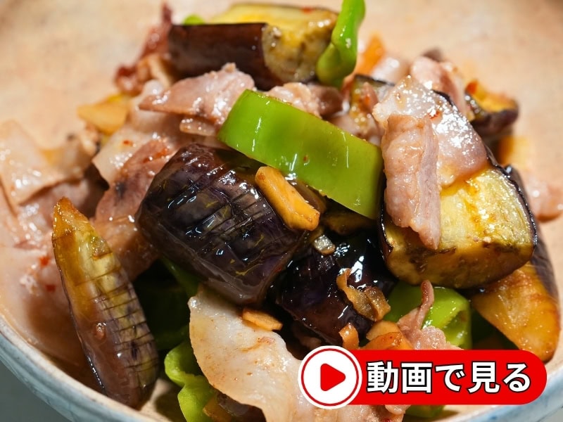豚肉、秋茄子、ピーマンのおいしそうな炒め物