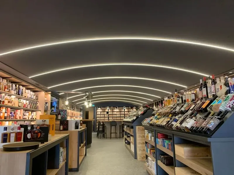 Exemple de plafond noir mat voûté dans une boutique de vin