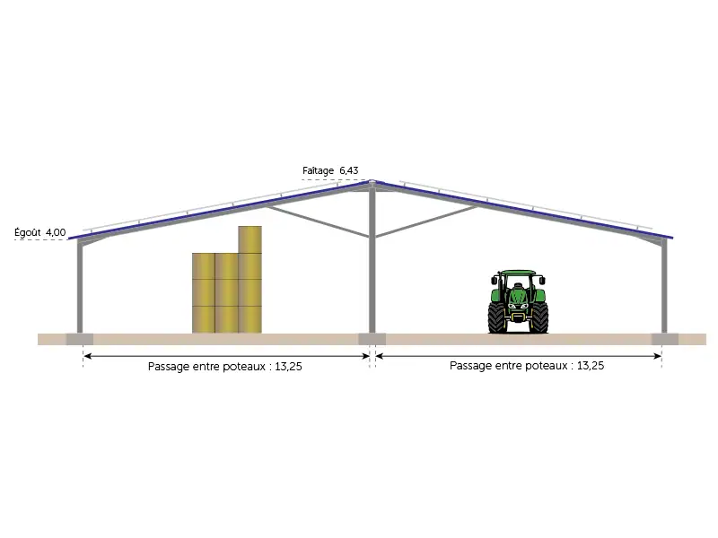 Plan de coup d'un hangar agricole de 1500 m² bipente symétrique