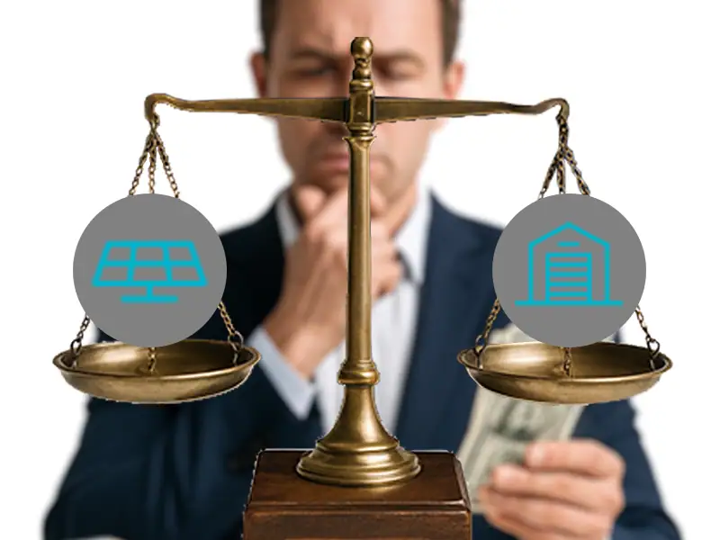 Homme hésitant devant une balance entre un investissement photovoltaique et un investissement immobilier