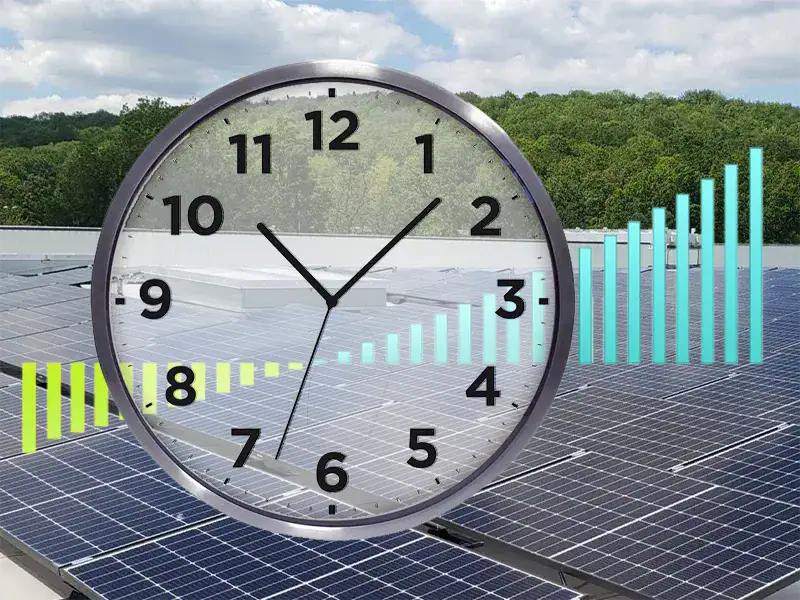 illustration du retour sur investissement photovoltaïque : une toiture équipée de panneaux solaire, une horloge et la modélisation des flux financiers d'un investissement solaire