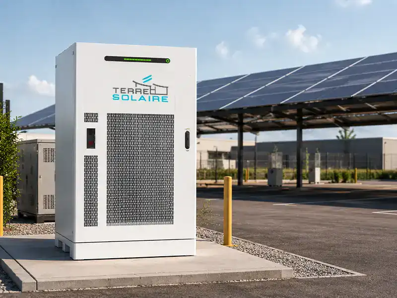 batterie de stockage solaire devant une ombrière photovoltaïque