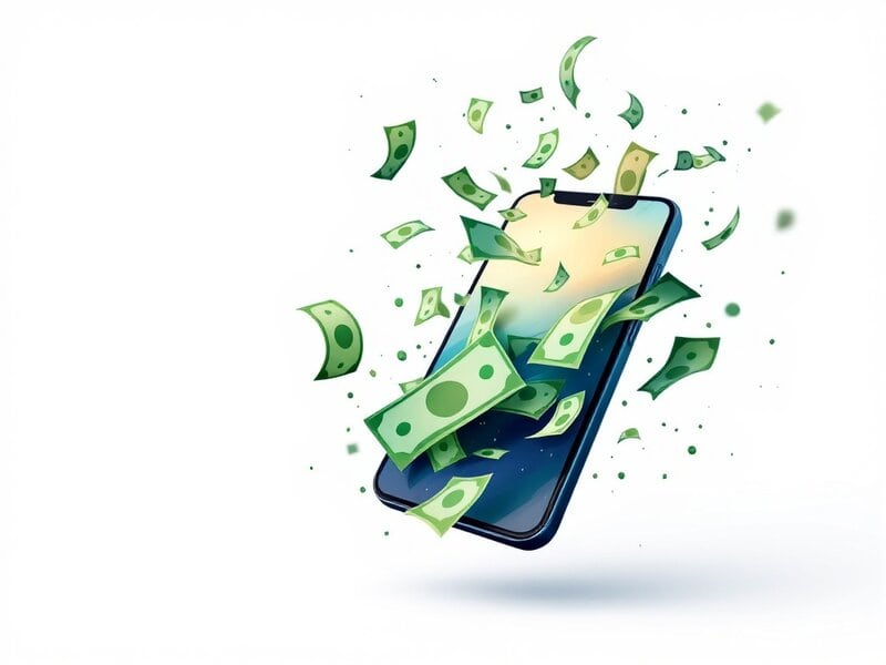 Phone with money flying out of it