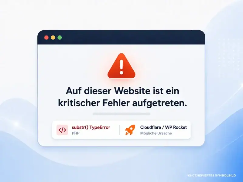 Grafik einer WordPress-Fehlermeldung mit „substr() TypeError“ und Hinweis auf Cloudflare und WP Rocket als mögliche Ursache.