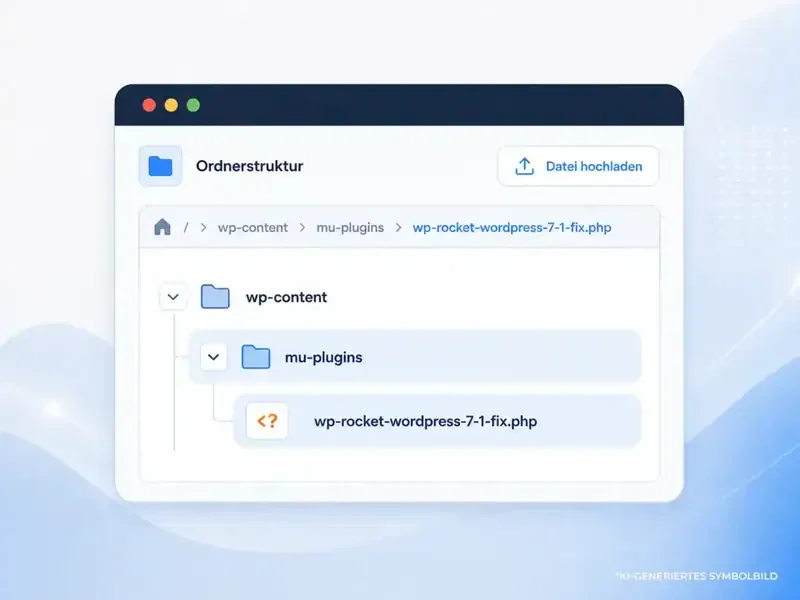 Grafik der WordPress-Ordnerstruktur mit dem Verzeichnis „mu-plugins“ und der Datei für den temporären WP-Rocket-Fix.