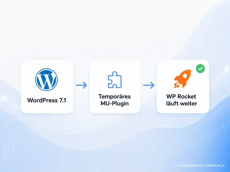 Grafik zeigt den Ablauf von WordPress 7.1 über ein temporäres MU-Plugin zu einem weiterhin funktionierenden WP Rocket.