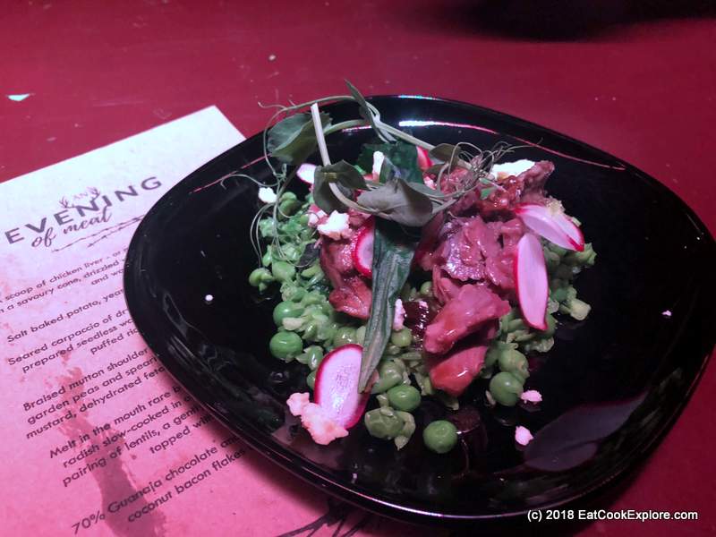 Braised mutton shoulder, sweet garden peas and spearnint, dehydrated feta, charred wild garlic. Braised mutton shoulder, sweet garden peas and spearnint, dehydrated feta, charred wild garlic.