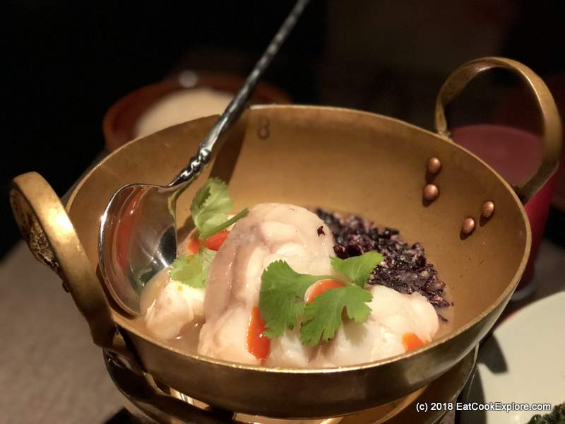 Patara Poached Monkfish “Khao Tom” with Jasmine Rice, Coriander Root Broth and Soy Bean Sauce