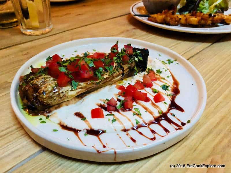 Sarona Clerkenwell review Burnt aubergine, tahini, date syrup Sarona Clerkenwell review Burnt aubergine, tahini, date syrup