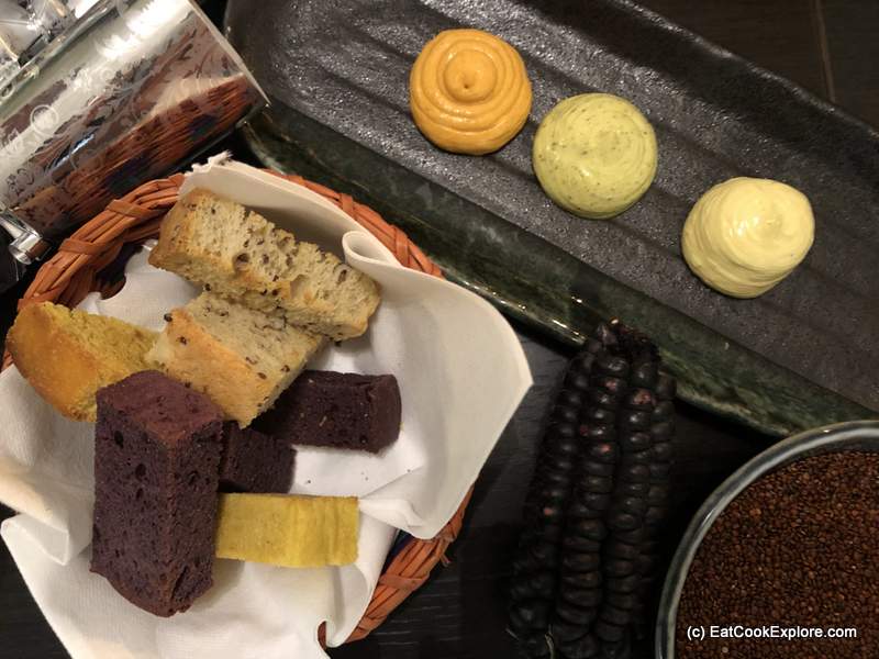 Pisqu for Terrific Peruvian Cuisine 4 Pan rustico Quinoa, Aji Amarillo and Purple corn breads Huacatay and rocoto Butter