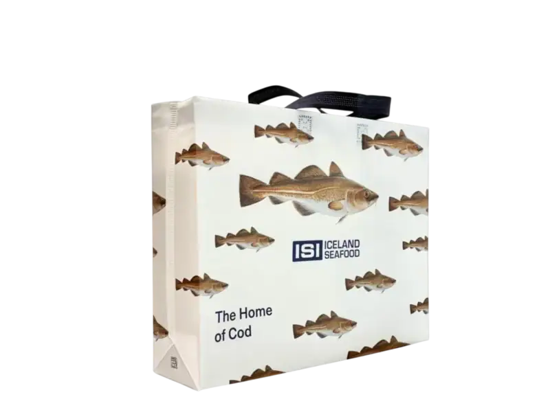 Bolsas de tela sintetica para ferias y congresos Iceland Seafood en Barcelona
