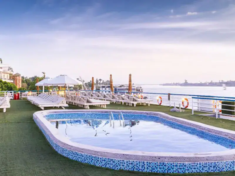 Swimming pool and sun loungers on the Hapi V Nile Cruise
