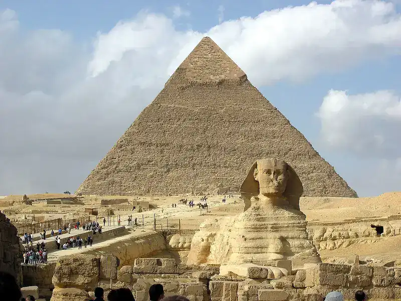 Great Sphinx and Pyramid of Khafre while visiting the Pyramids of Giza
