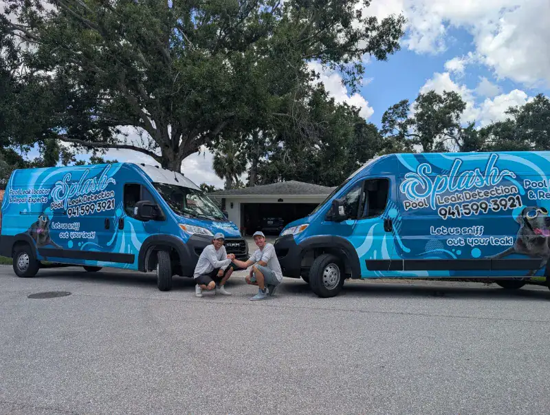 Splash Pool Leak Detection service vans serving Sarasota, Venice, Bradenton and Southwest Florida
