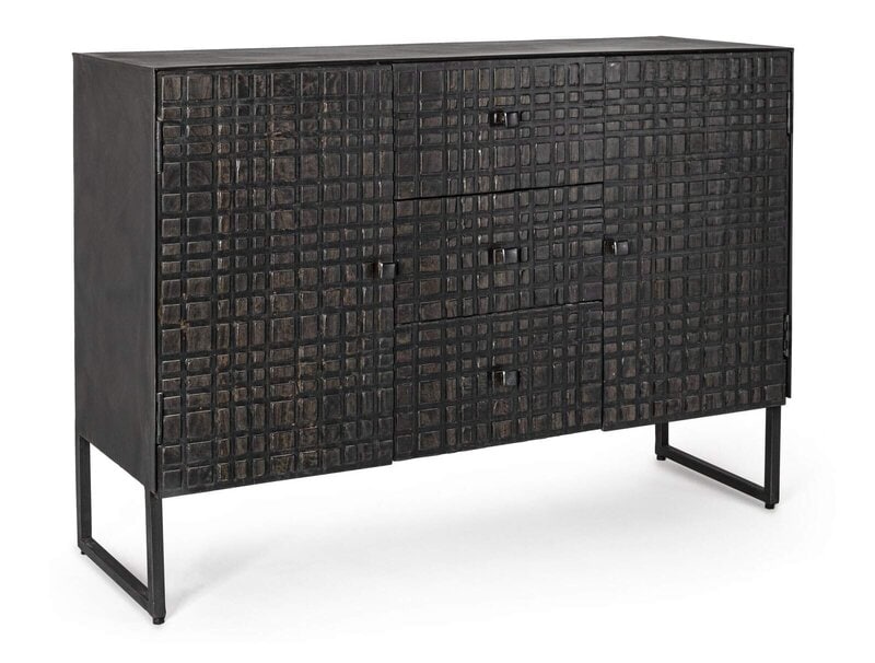 Comò in legno nero con dettagli geometrici e stile moderno.