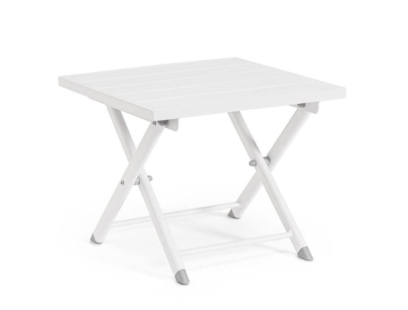 Tavolo pieghevole bianco per giardini, balconi e terrazze, ideale per spazi esterni e barbeque.