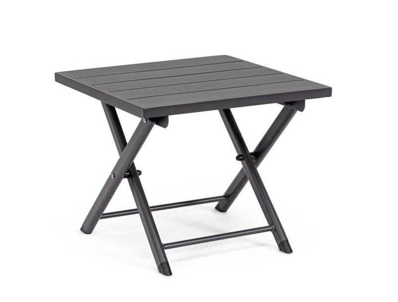 Tavolo pieghevole da esterno in plastica grigia, perfetto per il giardino o il patio.