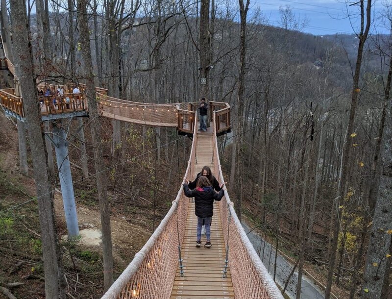 Little girl wearing a jacket on a suspended board walk in Anakeesta Park near Gatlinburg