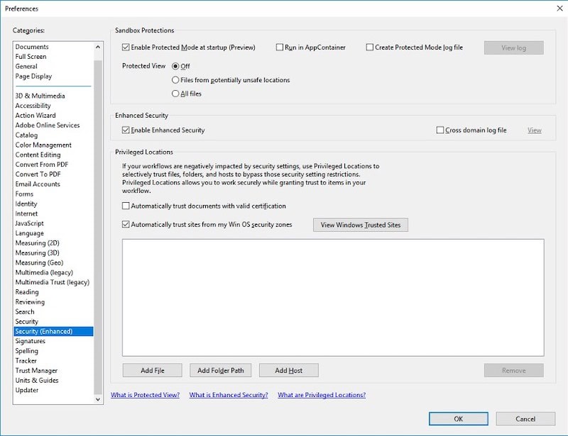 Disable Protected Mode in Acrobat Reader Settings on Windows 10