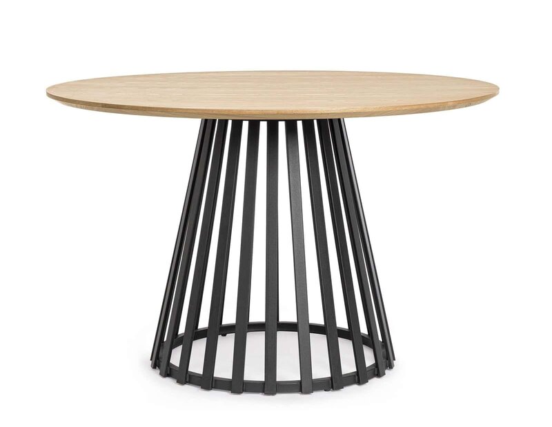 Tavolo con piano in legno naturale e base in metallo nero, design elegante e contemporaneo.