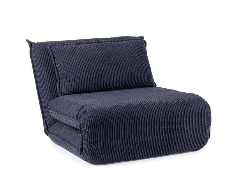 Divano letto in velluto blu, design moderno e confortevole, ideale per soggiorno e relax.