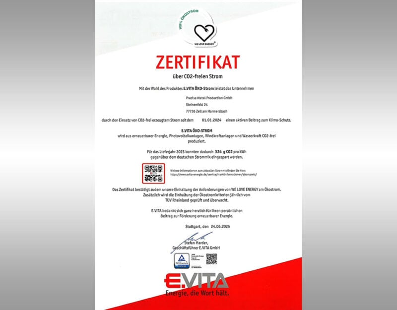 Precise Metal Production GmbH & Co. KG | Zertifikat über CO2-freien Strom von E.VITA ÖKO-Strom