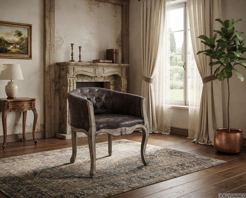Vintage leather tufted armchair center stage in a rustic living room with an ornate stone fireplace, side table with a lamp, and tall potted plant by a sunlit window.