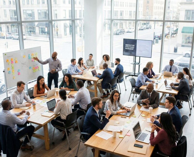 Innovationsworkshop mit interdisziplinären Teams zur Entwicklung digitaler Gesundheitsstrategien durch Derevita X