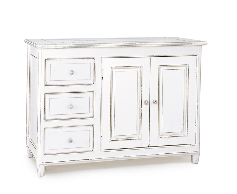 Comodino in stile vintage con finiture shabby chic, perfetto per arredo rustico e moderno.