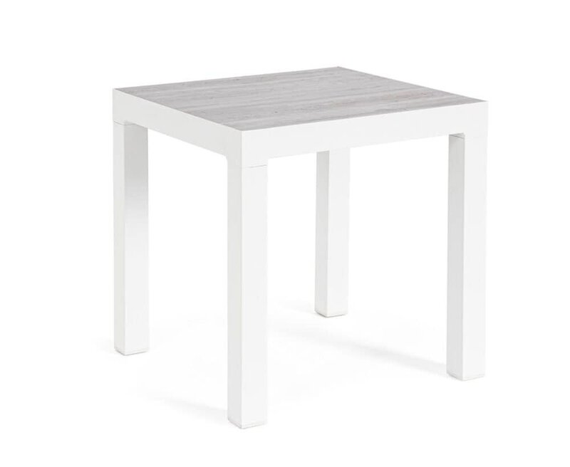 Tavolo quadrato bianco con top in legno naturale, perfetto per arredare il soggiorno o la sala da pranzo.