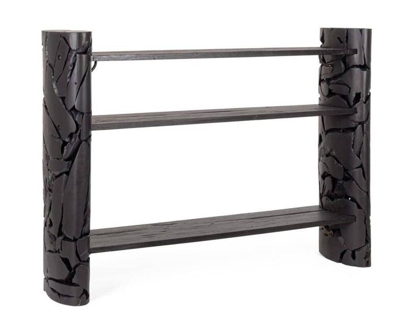 Scaffale in legno nero con base robusta, ideale per uffici o living in stile contemporaneo.