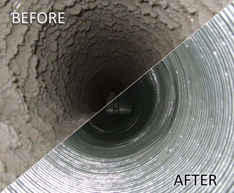 Before and after comparison of an air duct cleaning. The 'Before' side shows a heavily clogged duct with thick layers of dust and debris, while the 'After' side displays a clean, shiny duct with no visible buildup.